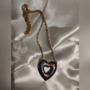 Beautiful Cloisonne Black & Blue Open Heart Necklace Hung WithTwo Gold Chains.